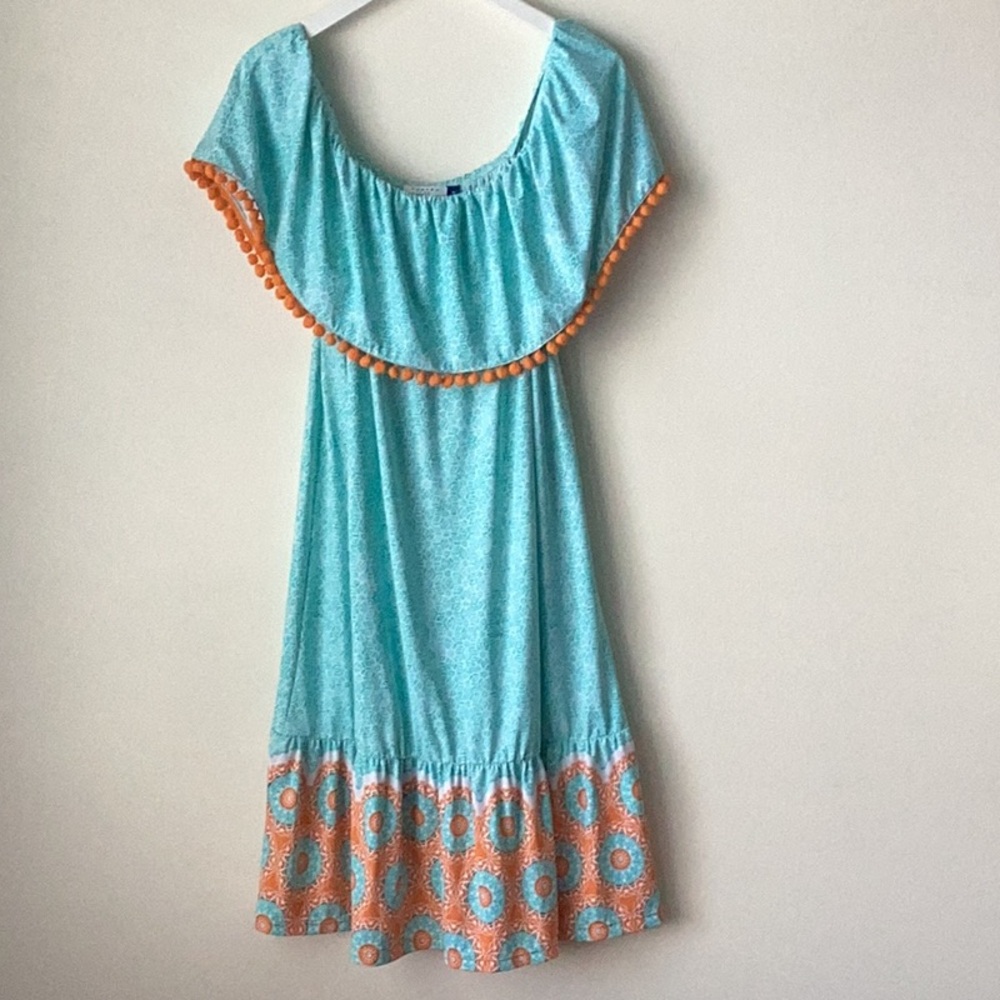 Cabana Life Aqua Citrus Off the Shoulder Pom Pom Dress Medium - Picture 3 of 11